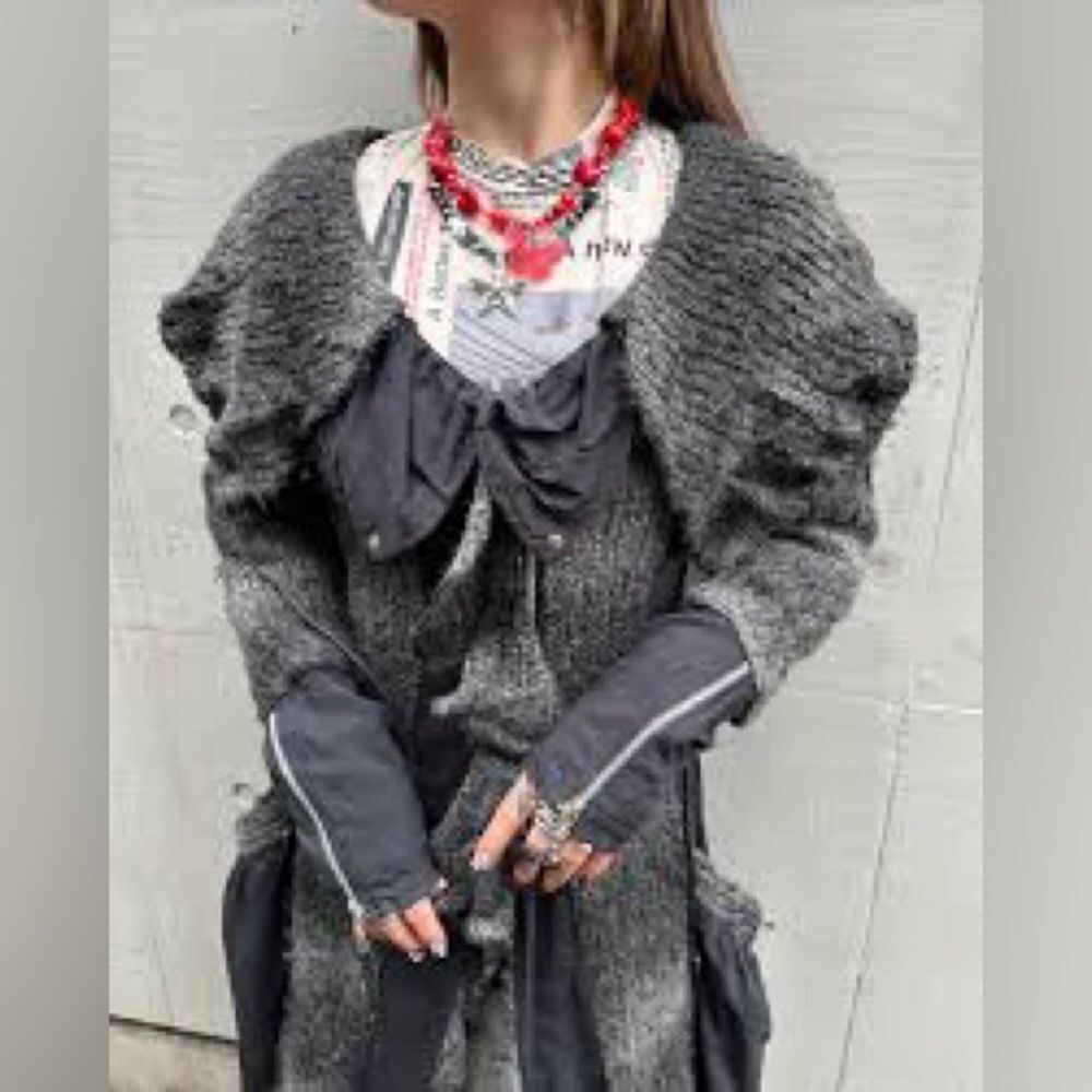 Zone Bleue Paris Black & Grey Ruffled Knit & Cotton Jacket Sz S Artsy Lagenlook